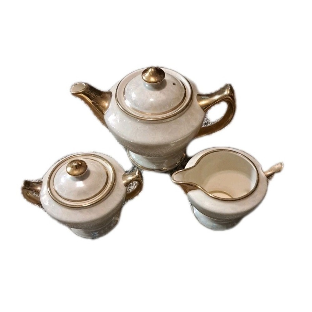 Vtg Pearl China Co Tea Set, Teapot, Creamer & Sugar 22k Gold Trim Opalescent USA